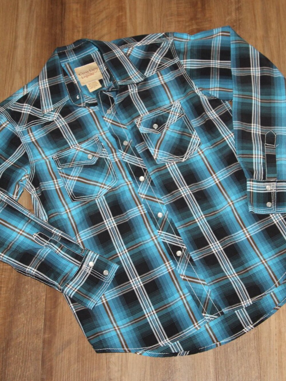 LIKE NEW! Boy's LARGE Turquoise Blue Black & White Plaid Western Pearl Snap Top